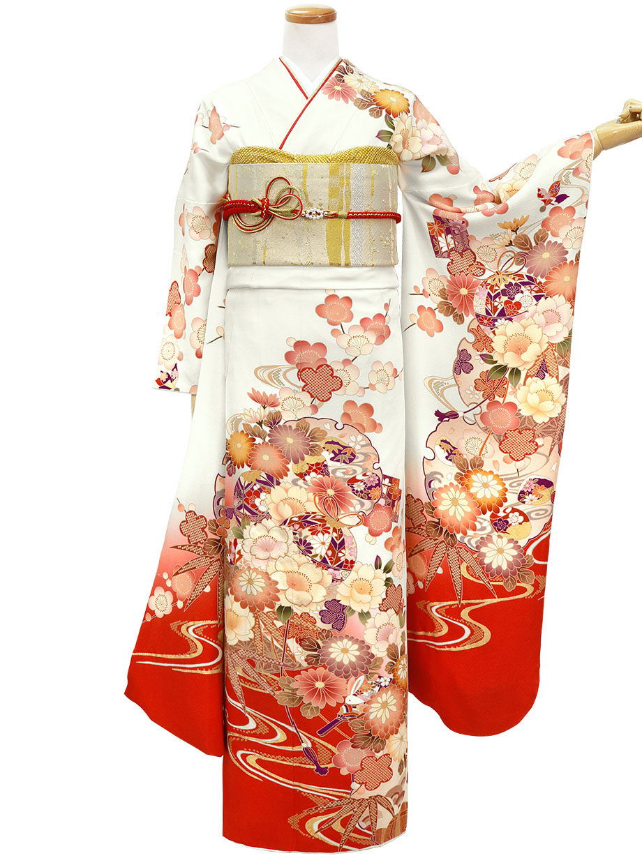 白地に枝垂れ梅の振袖／標準サイズ