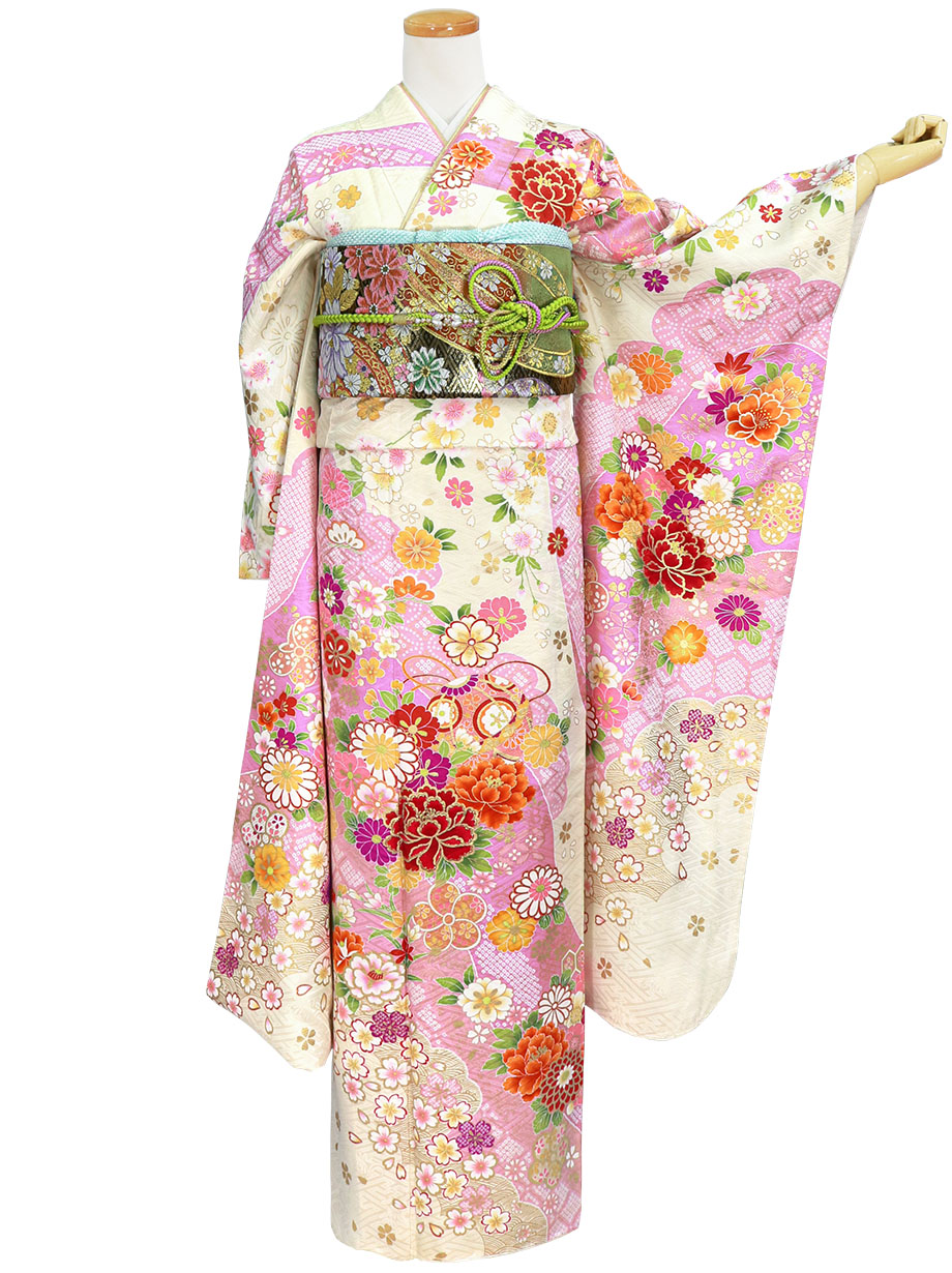 白地に染め疋田と桜の振袖／標準サイズ