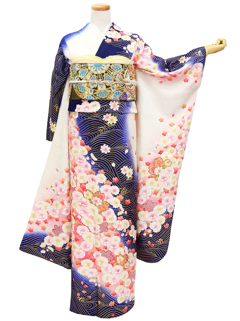 白と青地に流水と桜の振袖／標準サイズ