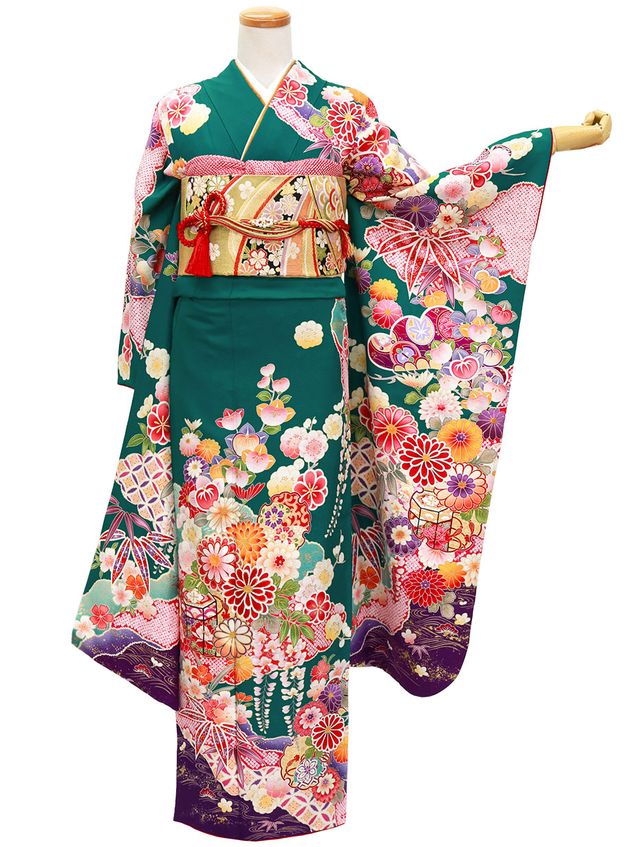 青碧（せいへき）色に花と貝桶の振袖／標準サイズ