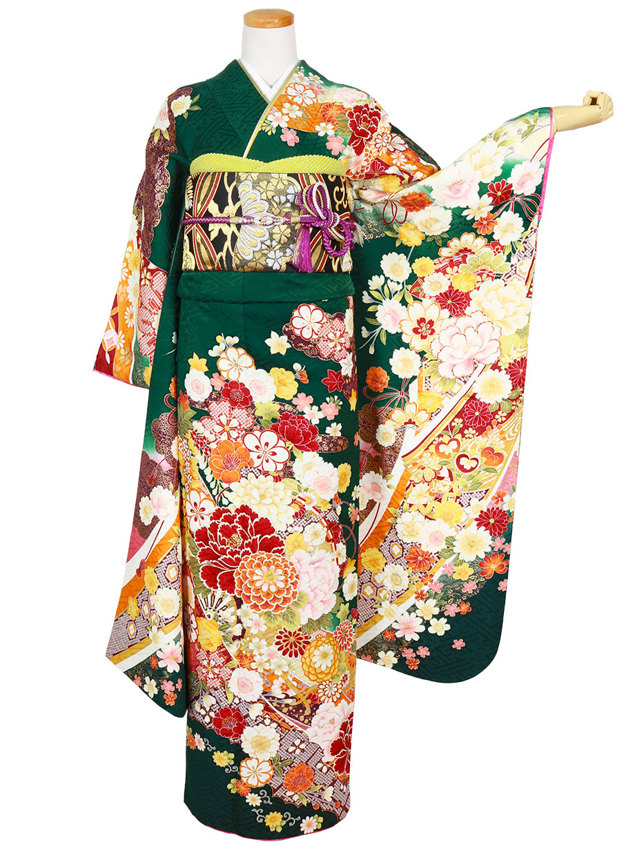 深緑地に花車の振袖／標準サイズ