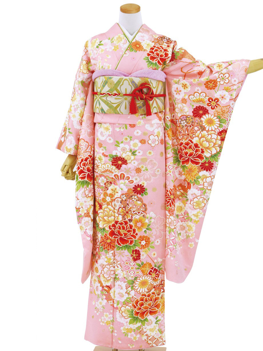ピンク地に桜と熨斗の振袖／標準サイズ