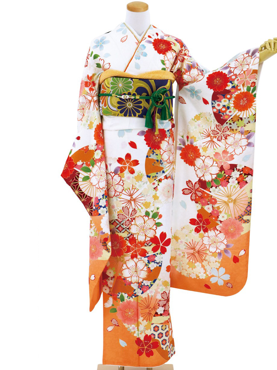 白地とオレンジに桜の振袖／標準サイズ