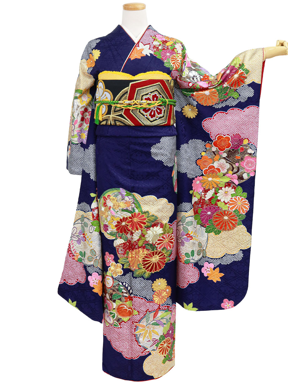 紺色に花丸紋の振袖／標準サイズ