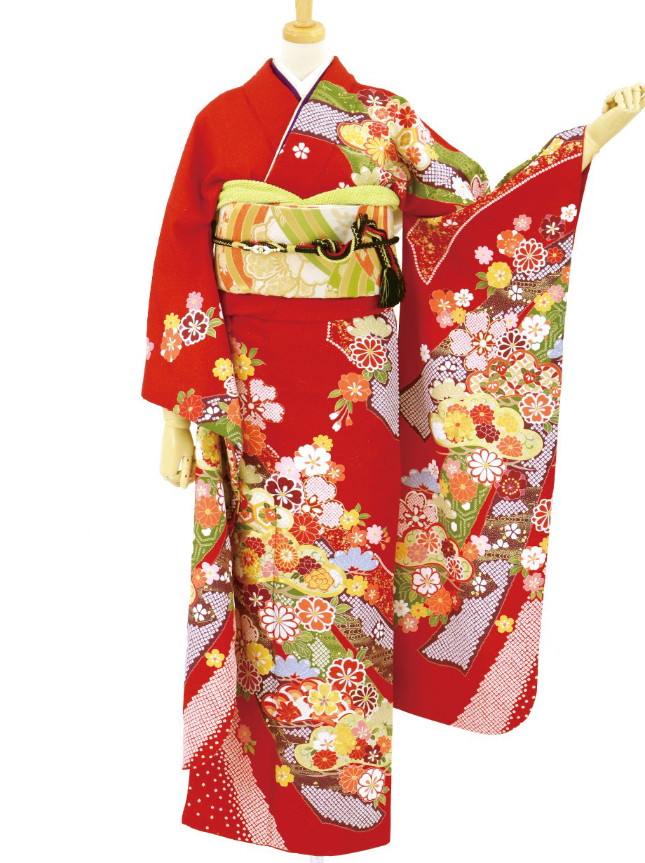 赤地に松と熨斗の振袖／小さめサイズ