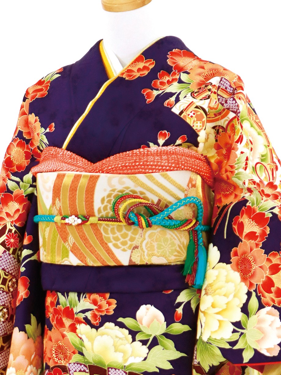 紺桔梗色に牡丹と檜扇文の振袖／トールサイズ