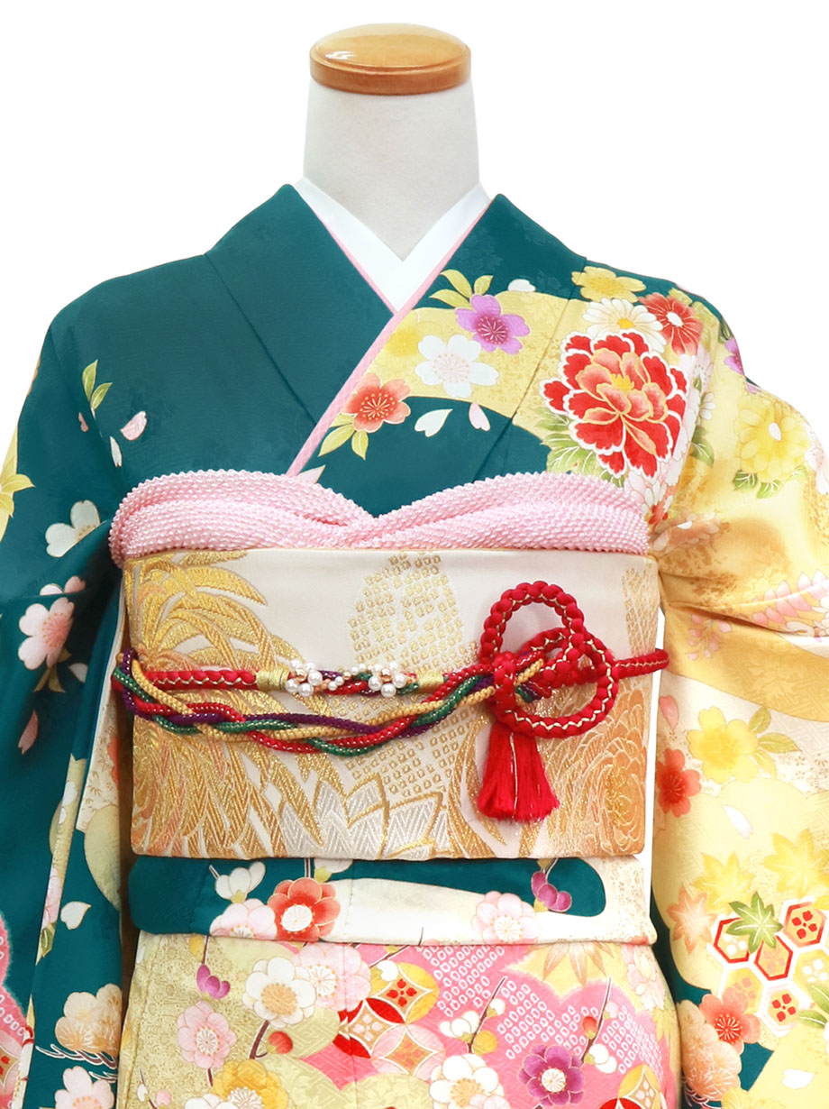 孔雀色と黄檗色に四季花の振袖／標準サイズ