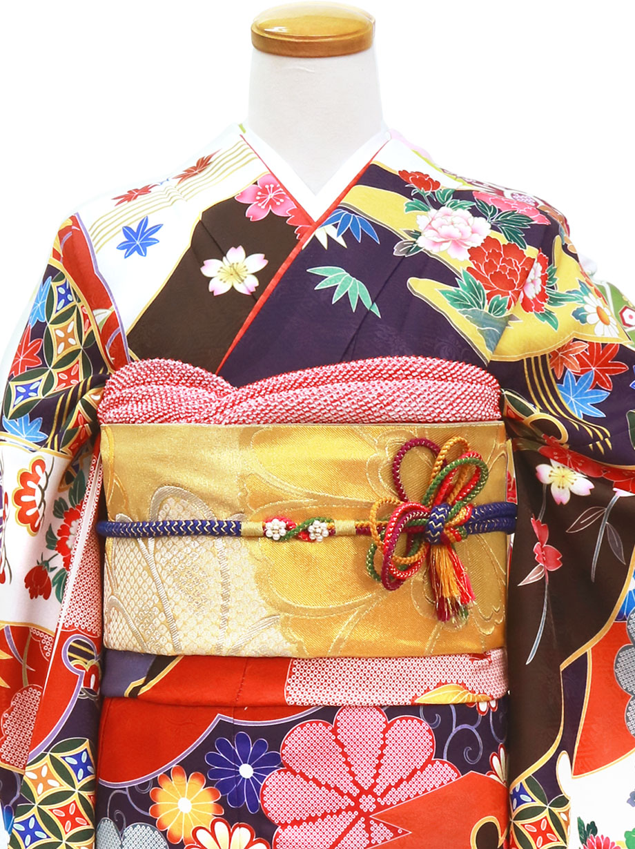 白と紺地に茶屋辻と百花の振袖（ポリエステル）／標準サイズ