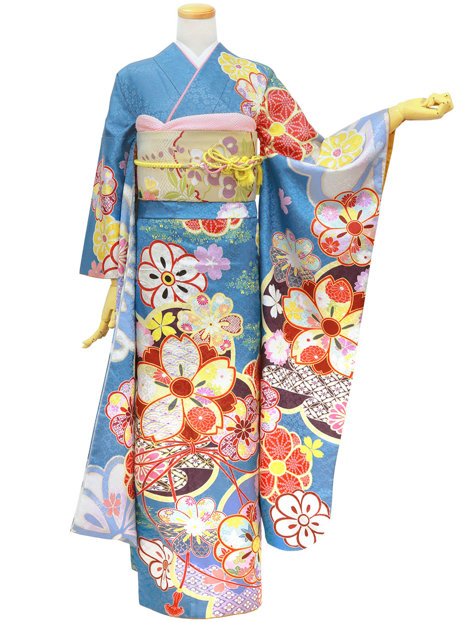 青地に桜と梅の振袖（ポリエステル）／標準サイズ
