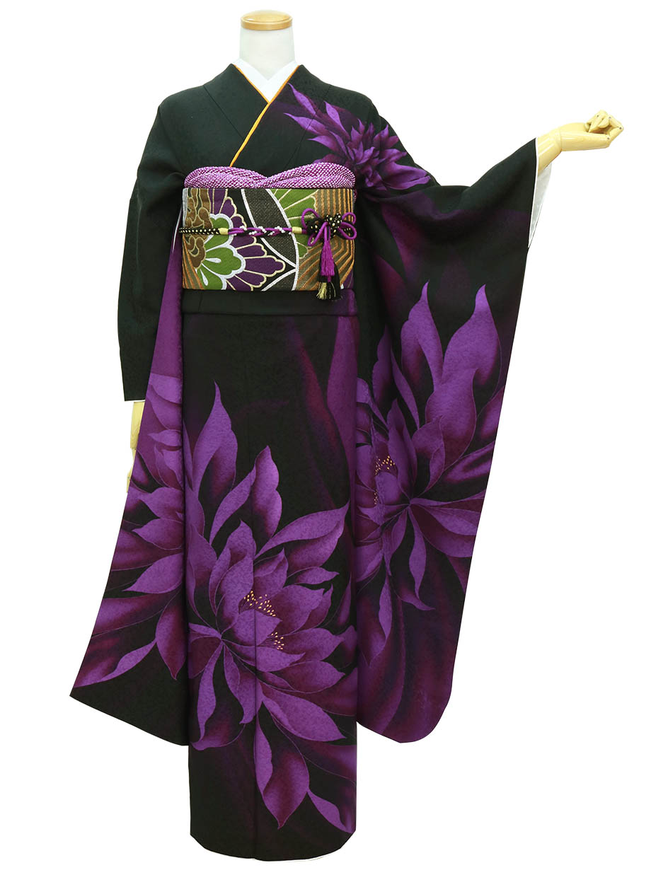 黒地に紫ぼかしの洋花の振袖／トールサイズ
