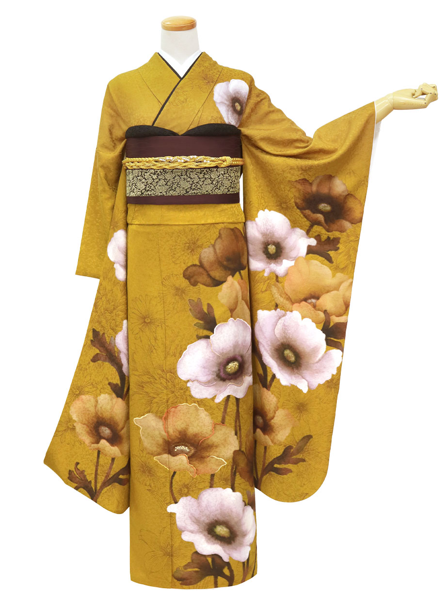 辛子色にアネモネの振袖／標準サイズ