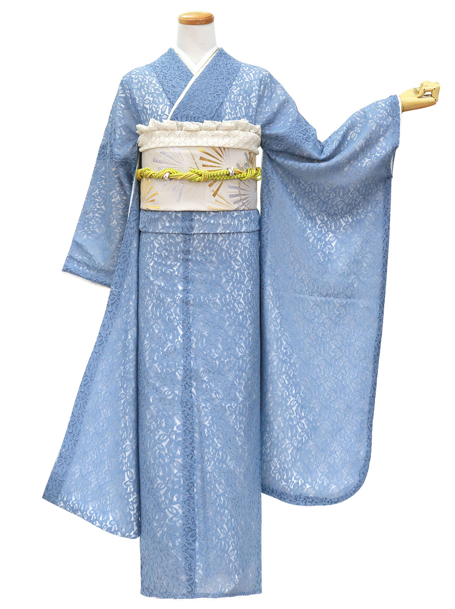 青レースの振袖に松葉の帯／標準サイズ帯／標準サイズ