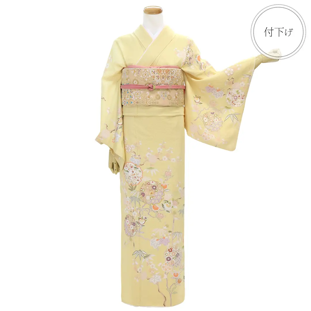 黄色地に松竹梅と雪輪取りの付下訪問着(袷)