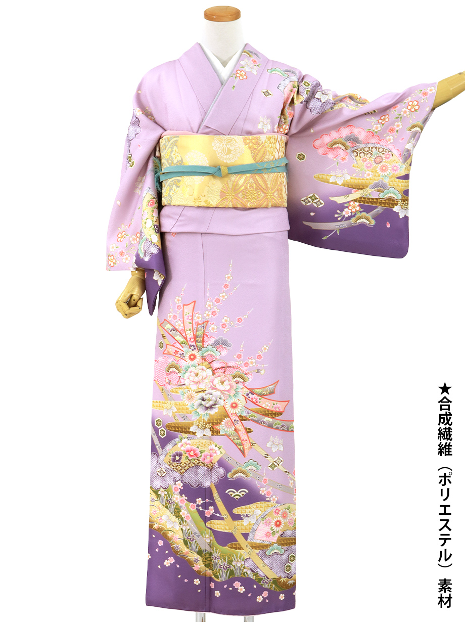 紫地に束ね熨斗と地紙の訪問着(袷)(ポリエステル)