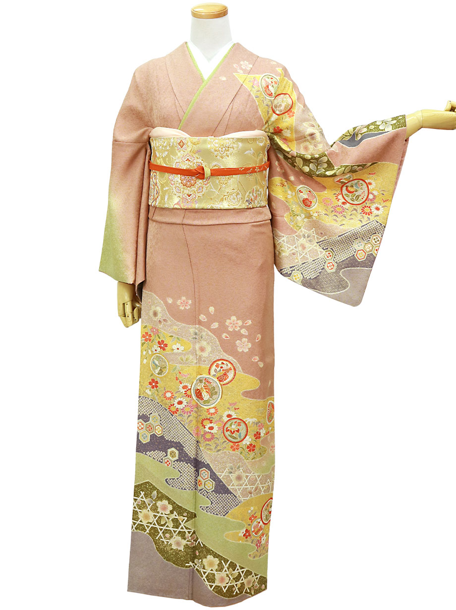 【2022新作】唐茶色に四季花と丸紋の訪問着（袷）