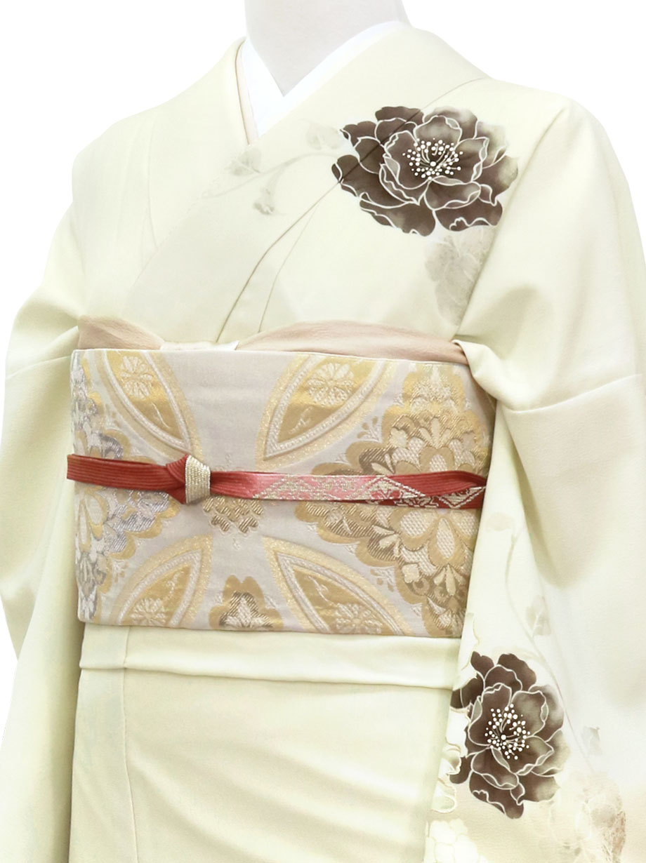 《JAPAN STYLE》アイボリー地に焦げ茶と白の牡丹の訪問着（袷）
