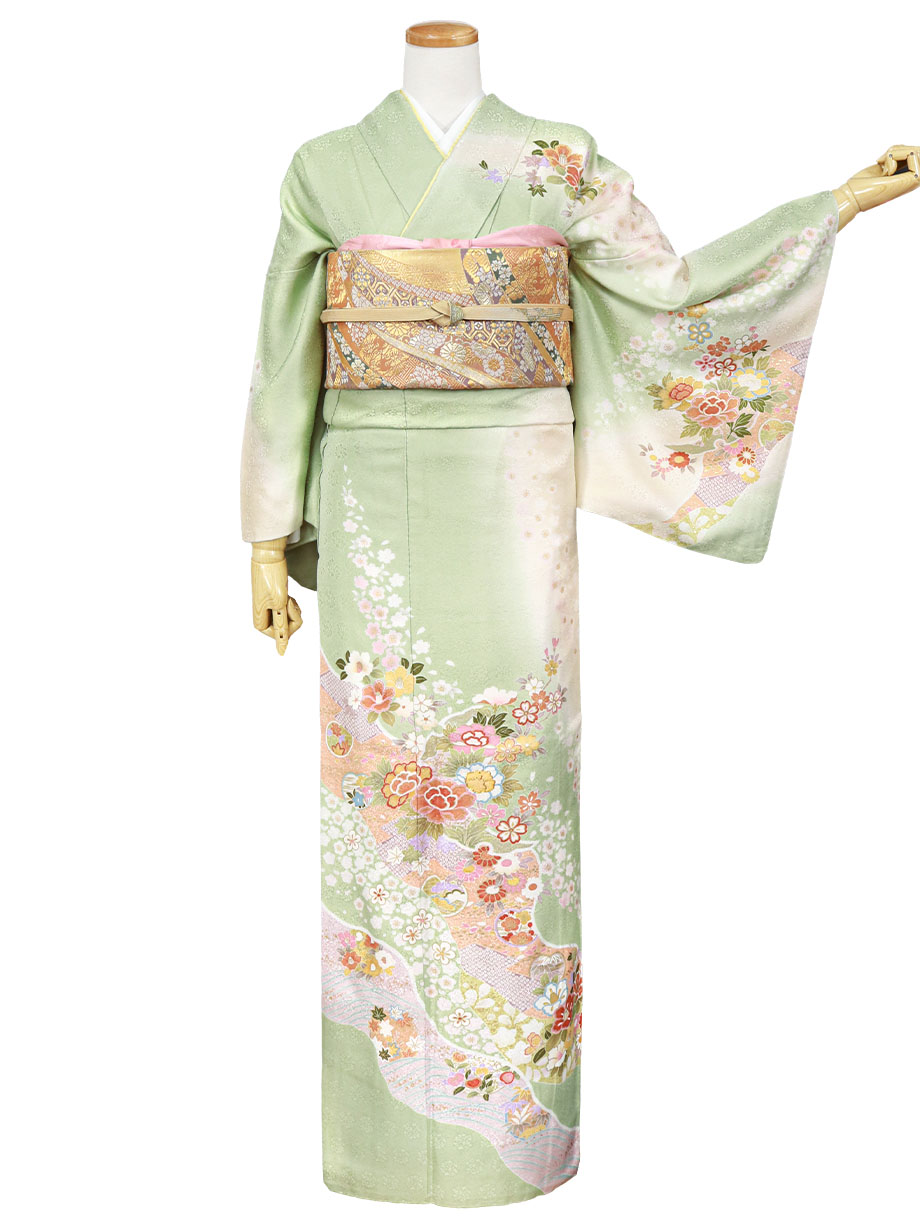 鶯色に四季花の訪問着(袷)