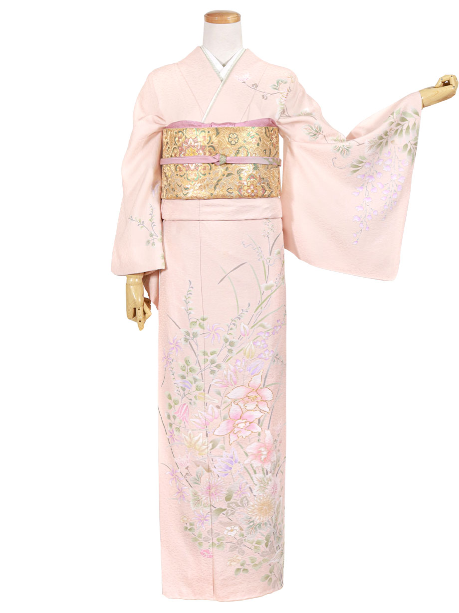 ピンク地に蘭と洋花の訪問着（袷）