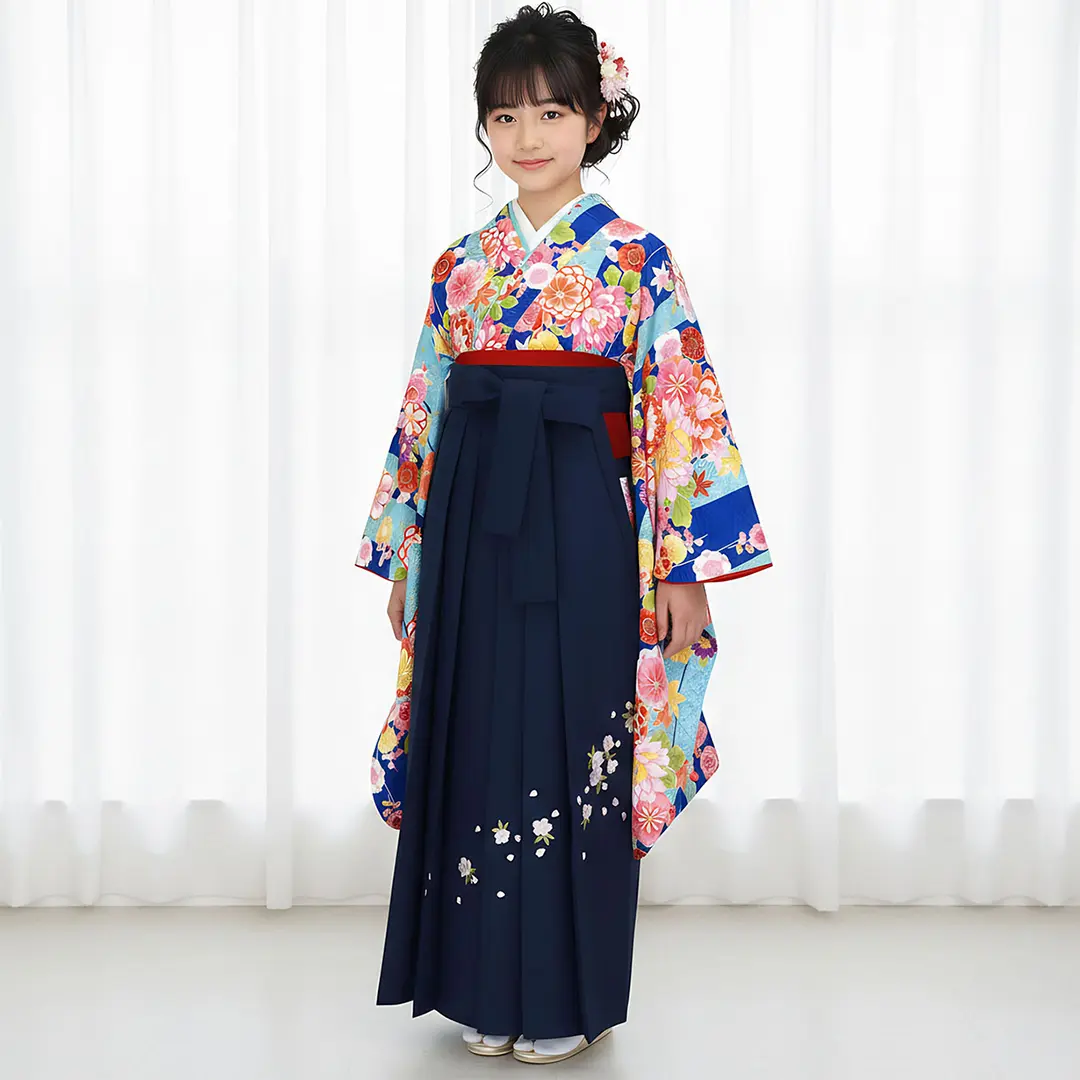 青地に矢絣と花・紺袴（刺繍） （小学生）／卒業式