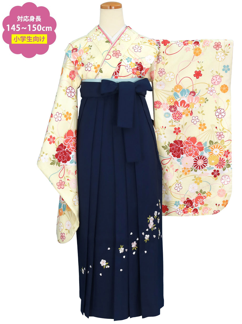 クリーム地に花扇・紺袴（刺繍） （小学生）／卒業式