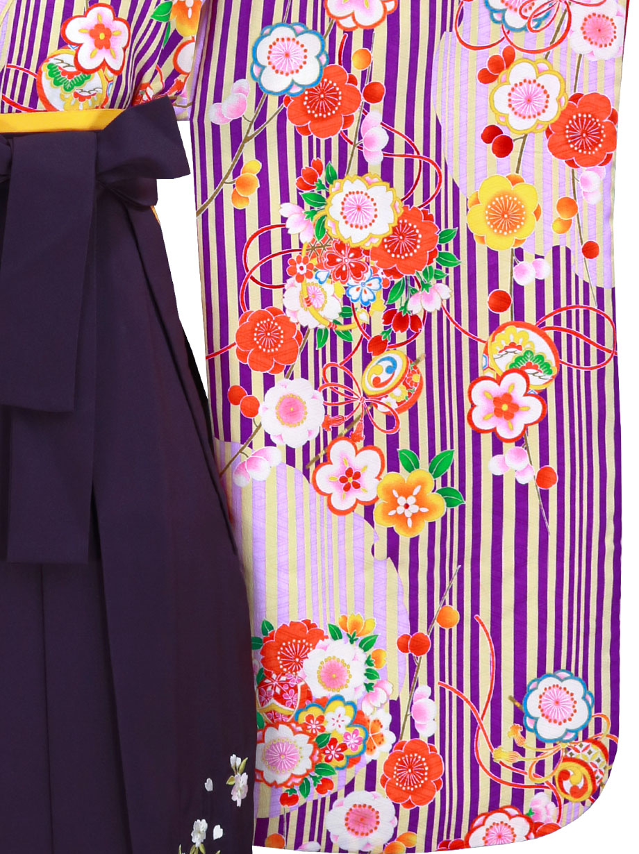 紫地に縞と花・紫のグラデーション袴（小学生）／卒業式