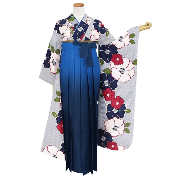 白地に紺の万筋に椿の振袖・青袴（ぼかし） （振袖）／卒業式