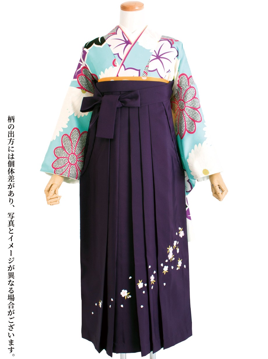 手描き風水色に菊と紅葉・紫袴（二尺袖）／卒業式