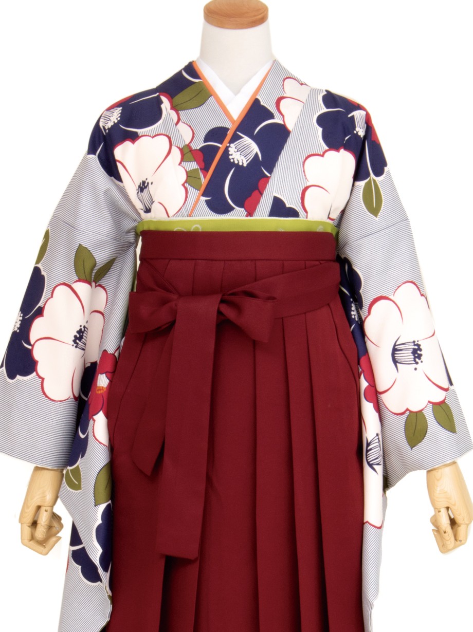 白地に紺の万筋に椿・臙脂袴（二尺袖）／卒業式｜宅配着物レンタルの京都かしきもの