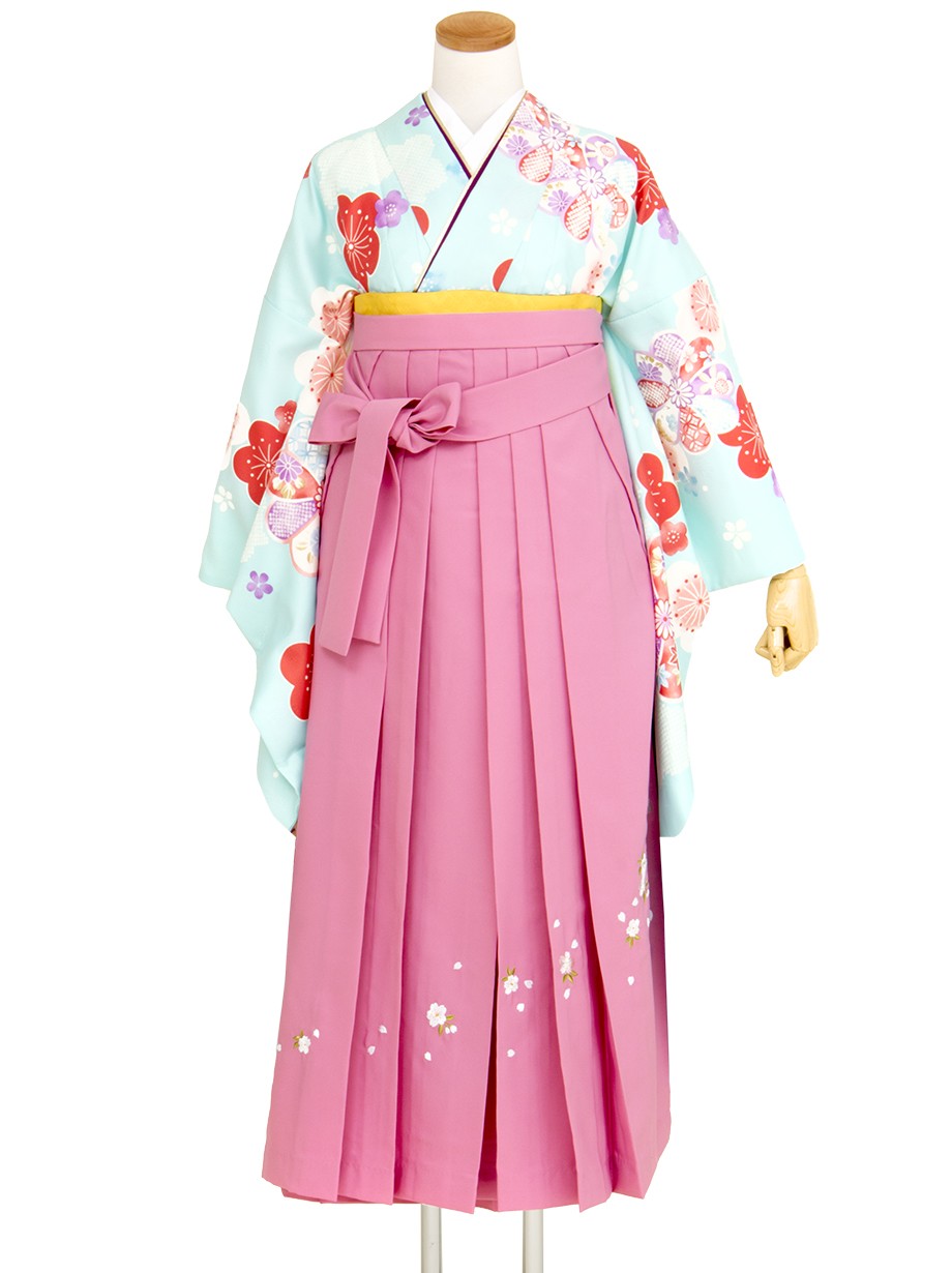 水色地に梅づくし・ピンク袴（二尺袖）／卒業式