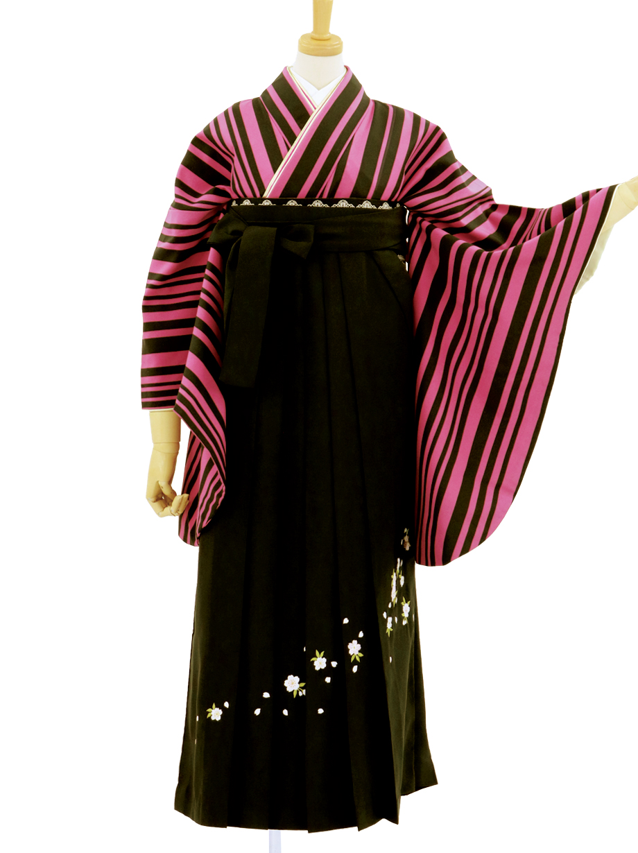 ピンクと黒のストライプ・黒袴（二尺袖）／卒業式