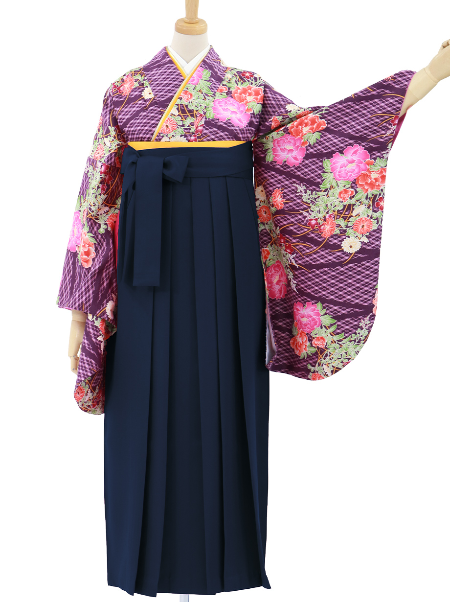 紫地に横菱と草花・紺袴（無地）（二尺袖）