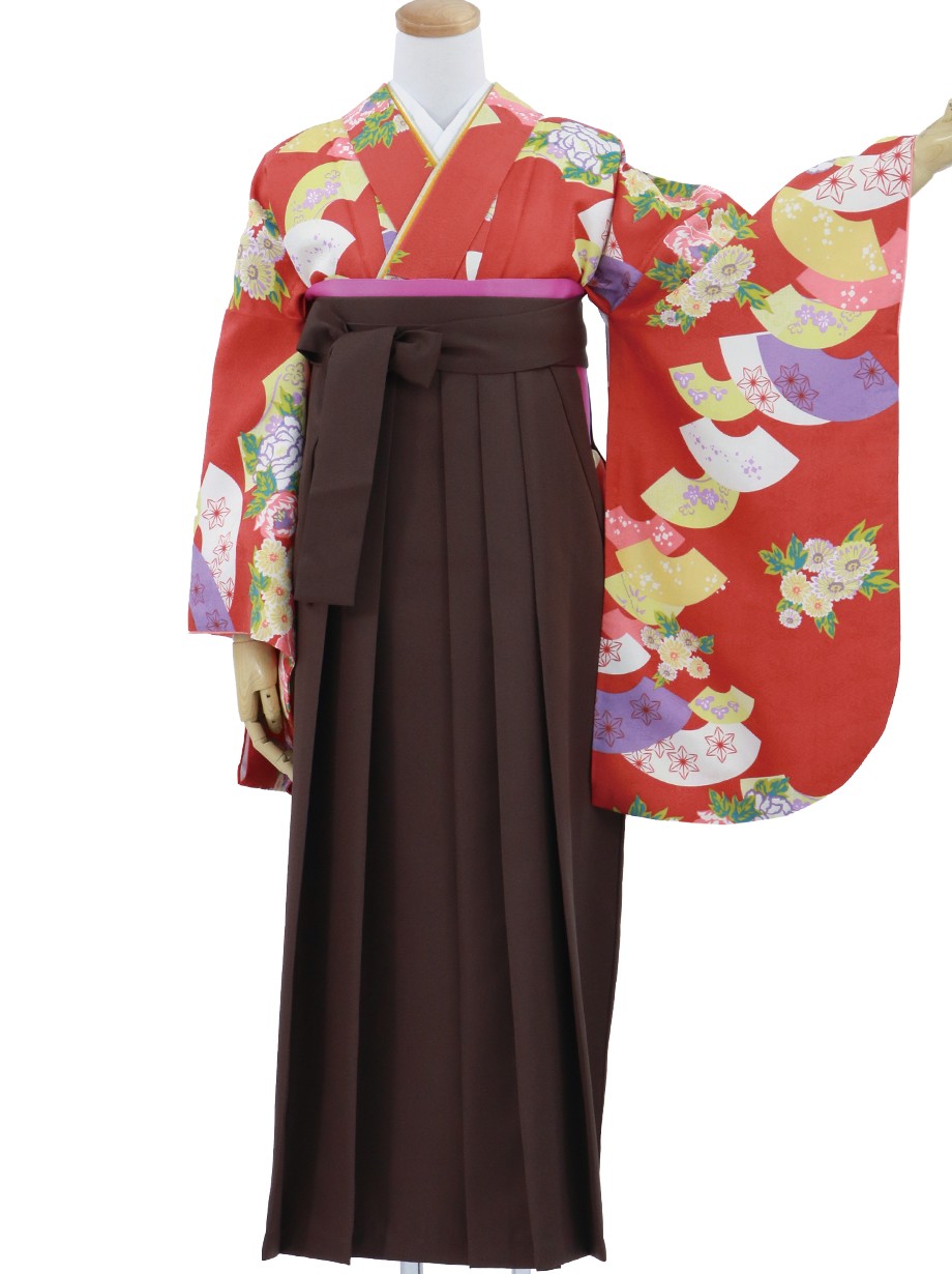赤地に地紙・茶色袴（無地）（二尺袖）