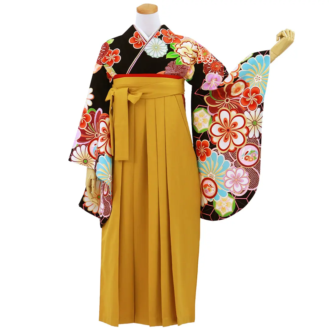 黒地に花紋・マスタード袴（無地） （二尺袖）／卒業式