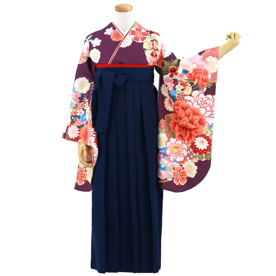 紫地に牡丹と雪輪・紺袴（無地） （二尺袖）／卒業式