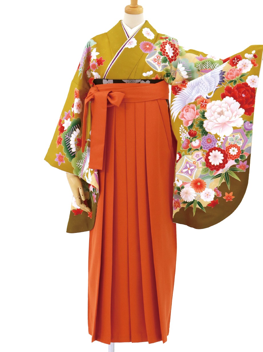 うぐいす色に鶴と牡丹・オレンジ袴（無地）（二尺袖）／卒業式