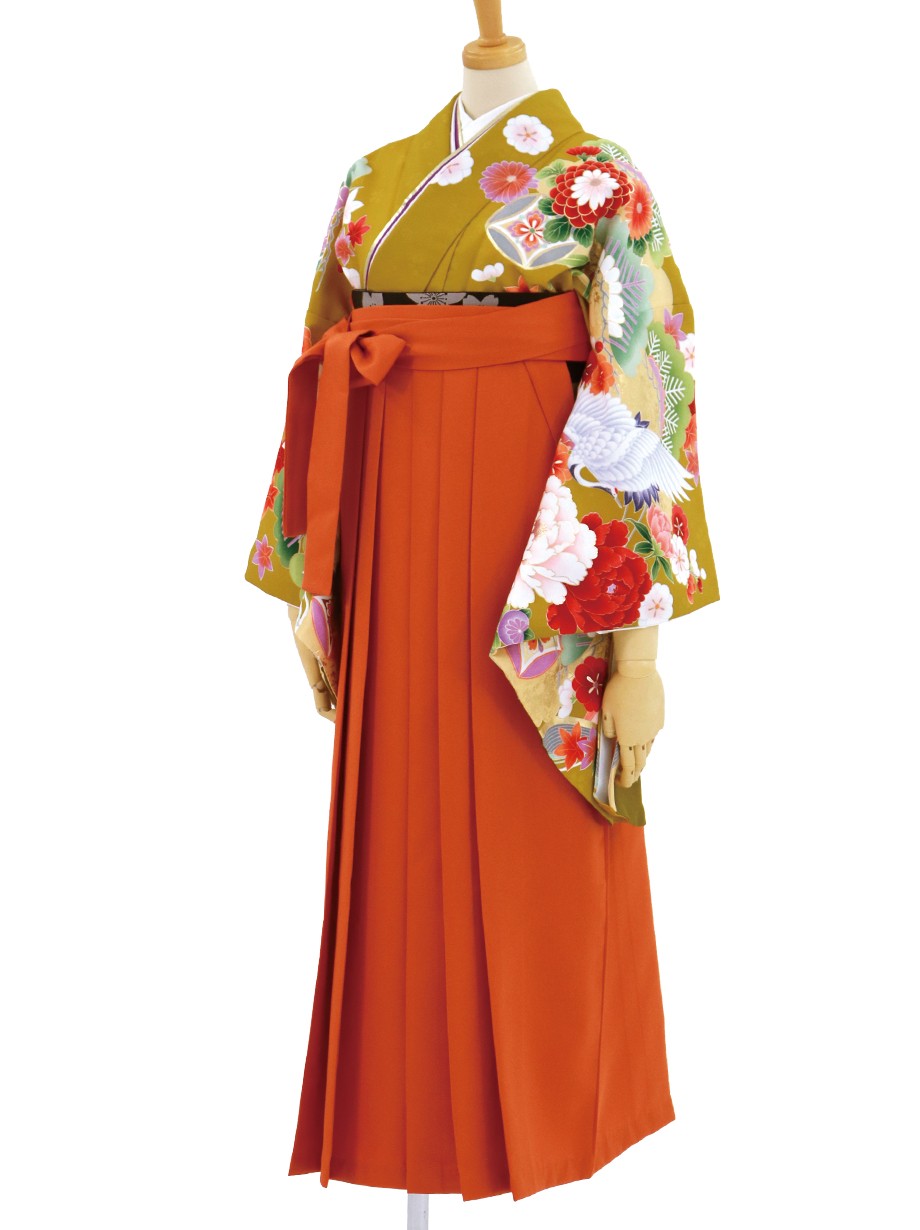 うぐいす色に鶴と牡丹・オレンジ袴（無地）（二尺袖）／卒業式