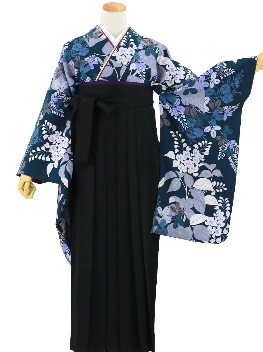 紺地に秋草・黒袴（無地）（二尺袖）／卒業式