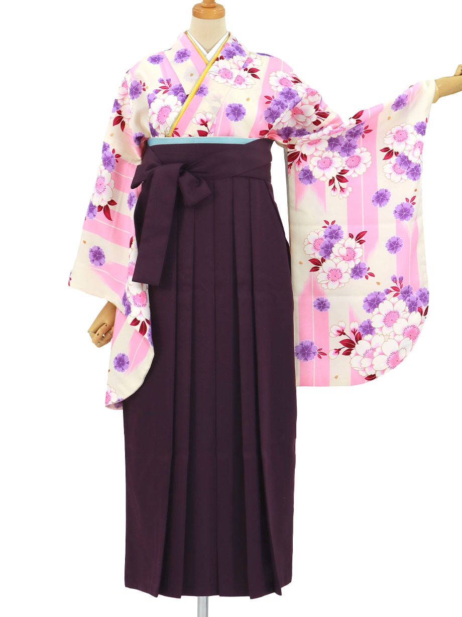 アイボリー地にピンクの矢絣と桜・紫袴（無地）（二尺袖）