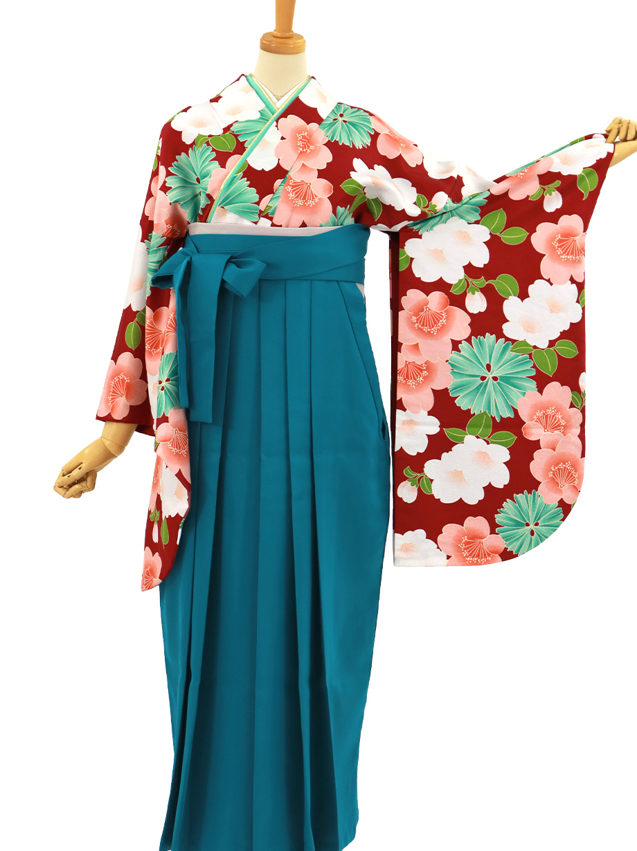 濃い赤に桜、青袴（無地）（二尺袖）／卒業式｜宅配着物レンタルの京都かしきもの