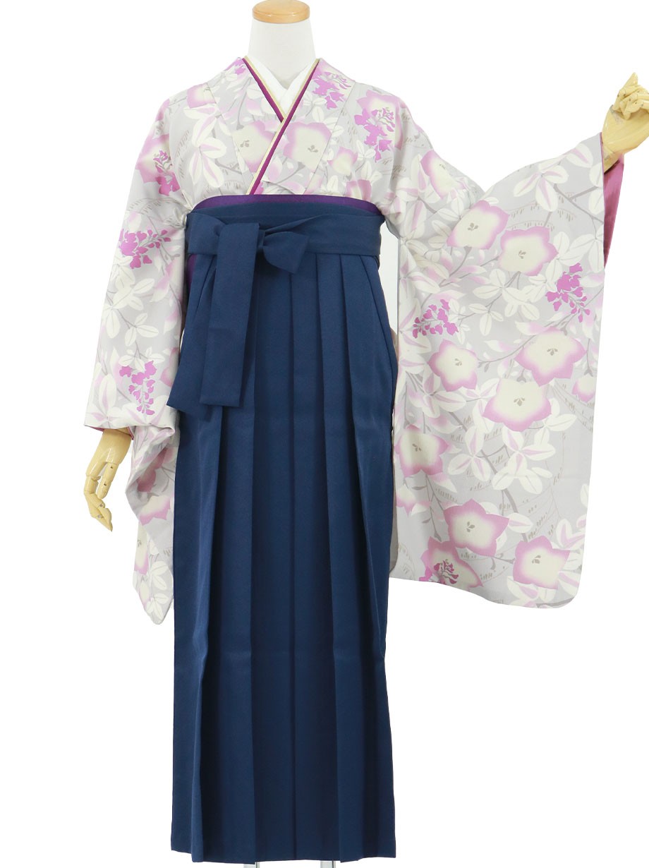 薄グレー地に桔梗・紺袴（無地） （二尺袖）／卒業式