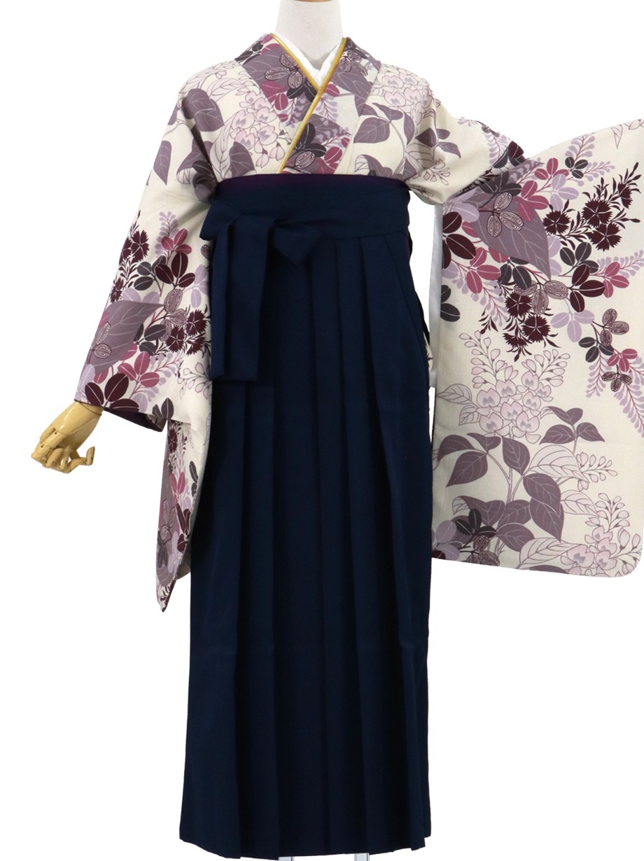 ベージュ地に秋草・紺袴（無地）（二尺袖）
