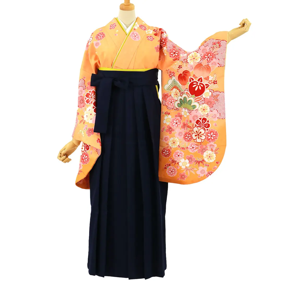 オレンジ地に桜と橘・紺袴（無地） （二尺袖）／卒業式