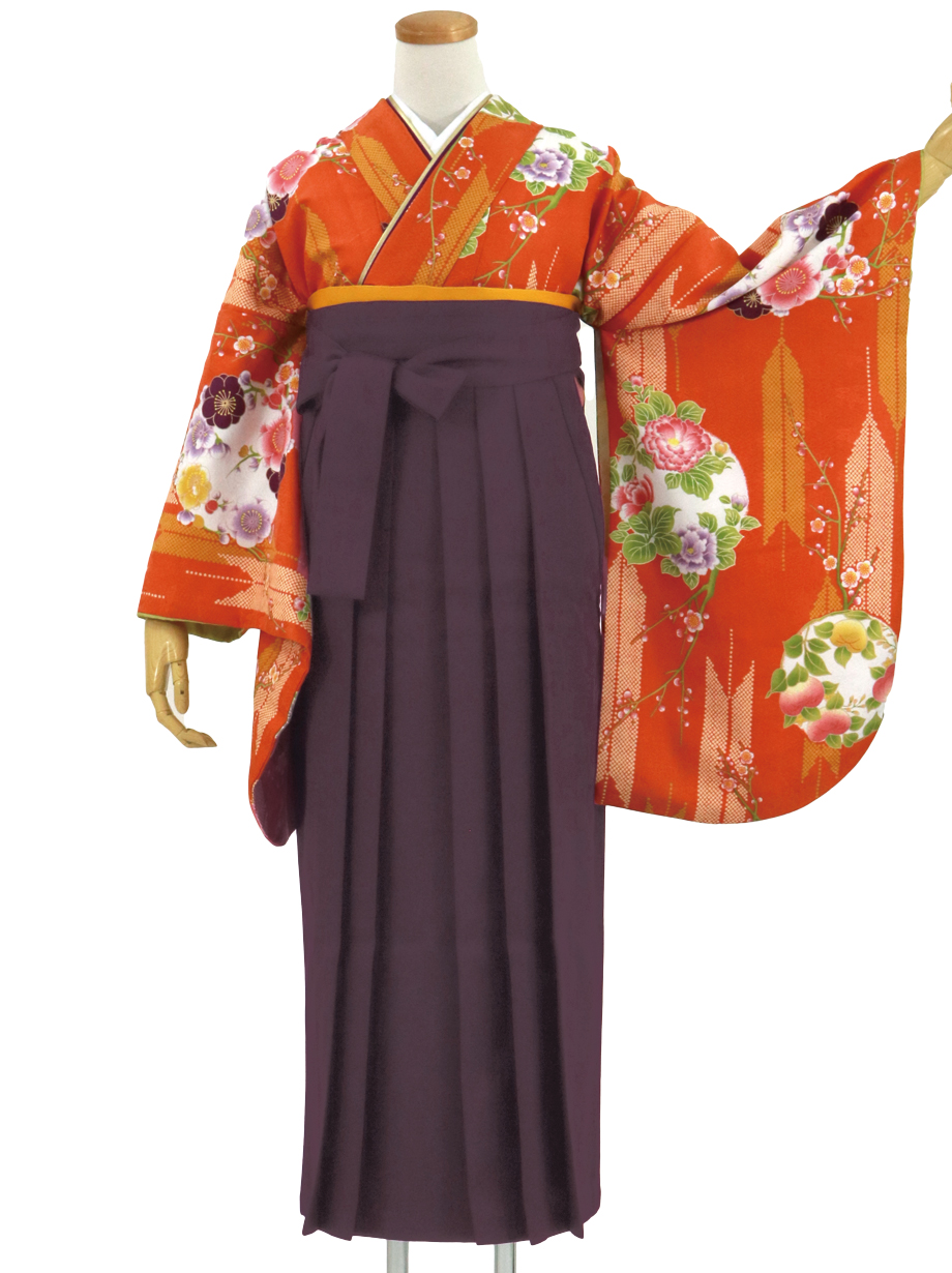 オレンジ地に矢羽と花の丸文・紫袴（無地）（二尺袖）／卒業式