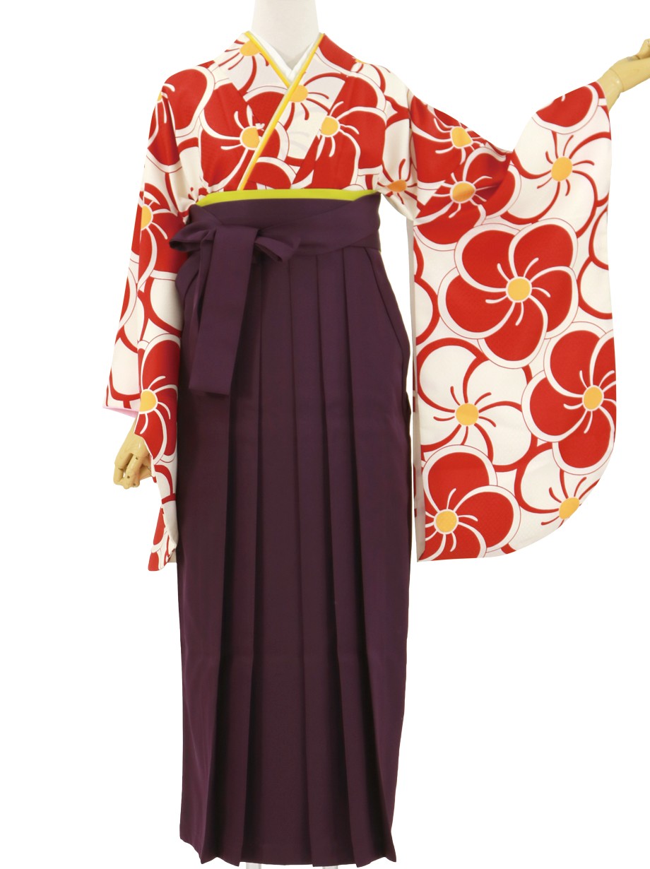 赤と白のねじ梅・紫袴（無地） （二尺袖）／卒業式