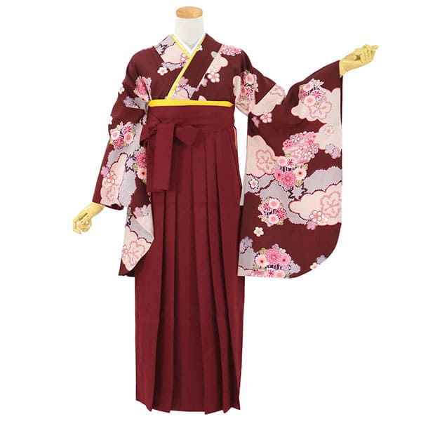 臙脂地に花と雲取り・臙脂袴（無地） （二尺袖）／卒業式