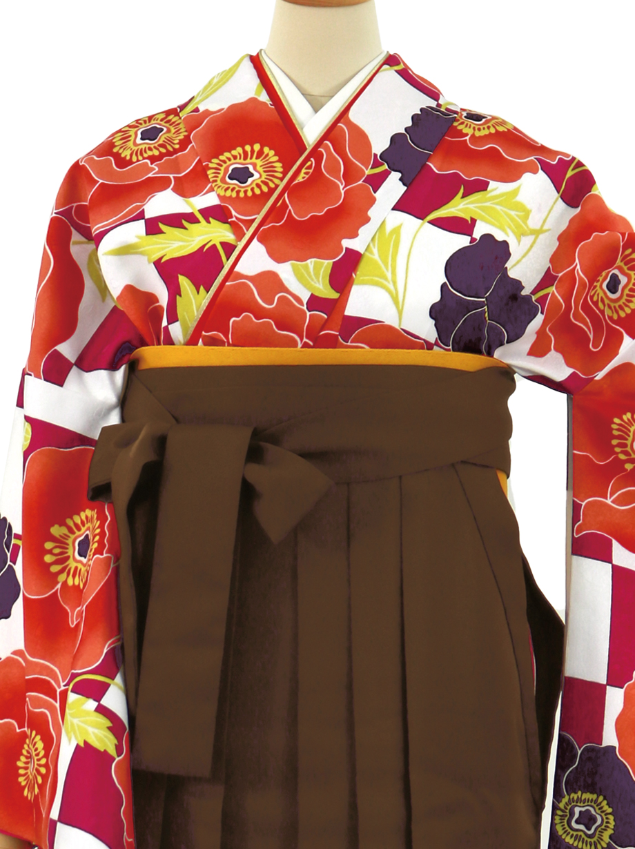 白と赤紫の市松にアネモネ・茶色袴（無地）（二尺袖）／卒業式｜宅配着物レンタルの京都かしきもの