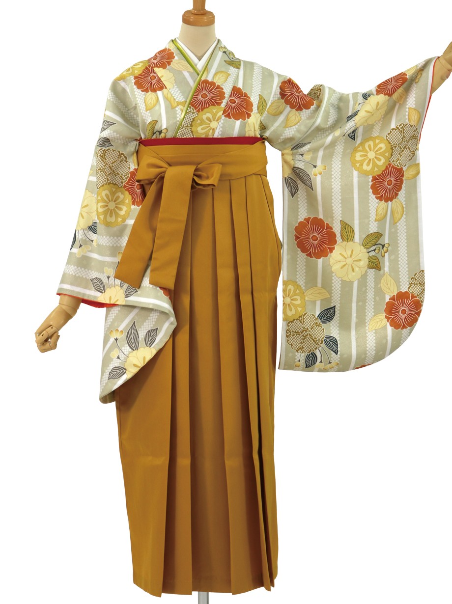 薄柳茶色にストライプと桜、マスタード袴（無地）（二尺袖）／卒業式