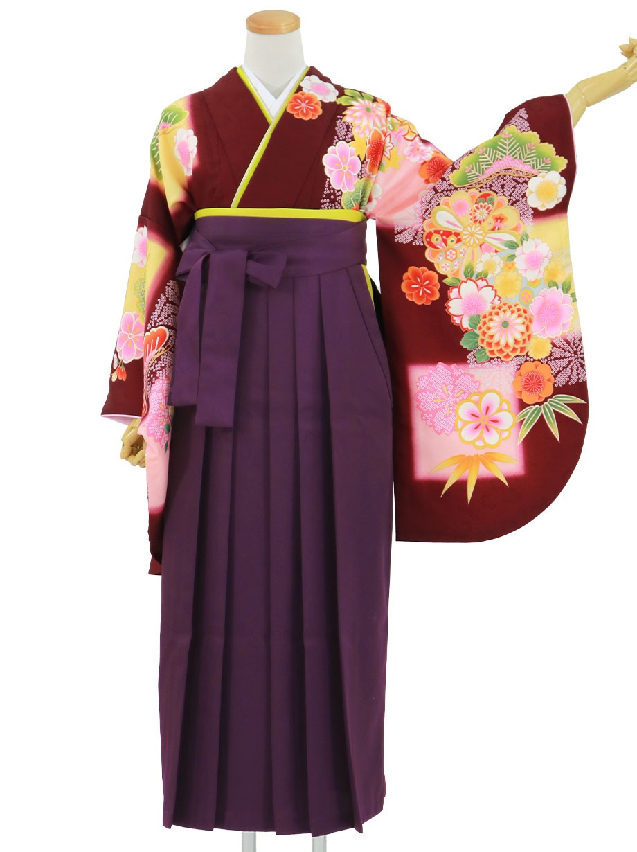 臙脂に花尽くし・紫袴（無地）（二尺袖）