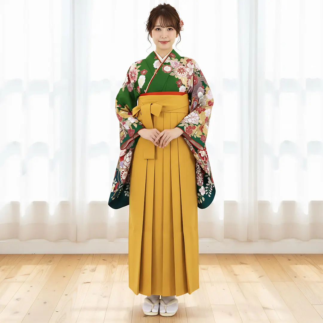 緑地に貝桶と四季花・マスタード袴（無地） （二尺袖）／卒業式