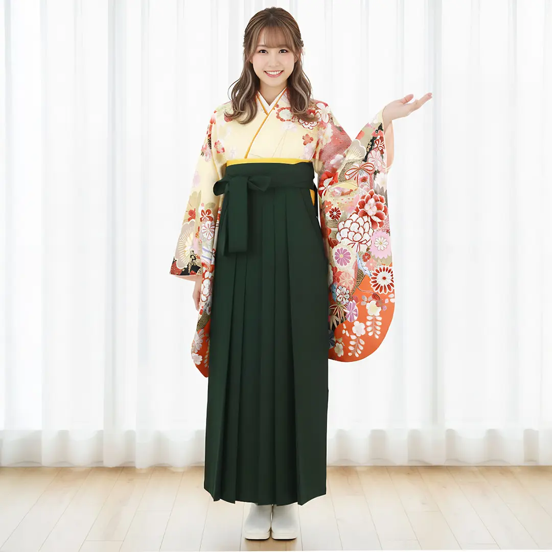 淡黄色地に貝桶と四季花・深緑袴（無地） （二尺袖）／卒業式